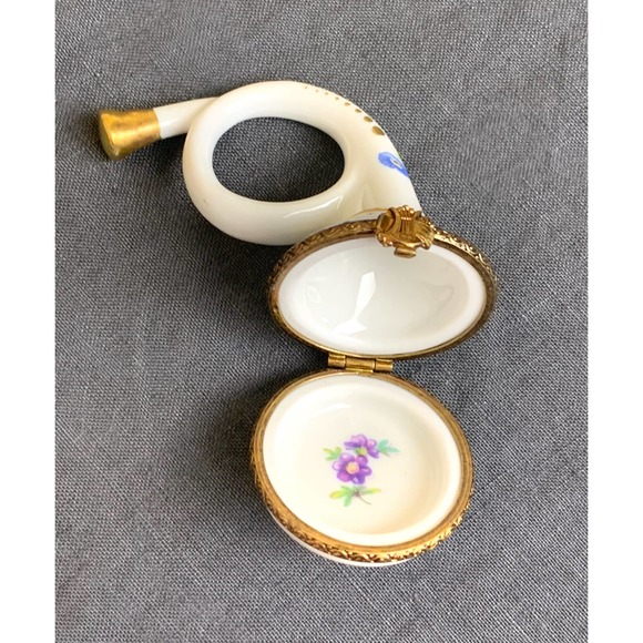 VTG Signed Limoges France French Horn Trinket Box Peint Main Herend Fishnet - Picture 8 of 8